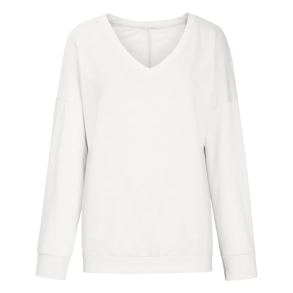 Womens V Neck Sweatshirt Long Sleeve Solid Casual Loose Fit Tops Blouses with Pockets Soft Comfy Pullover Tops Shirts