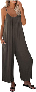 Women Summer Romper Loose Baggy Cotton V Neck Overalls Solid Color Spaghetti Strap Jumpsuits with Pockets