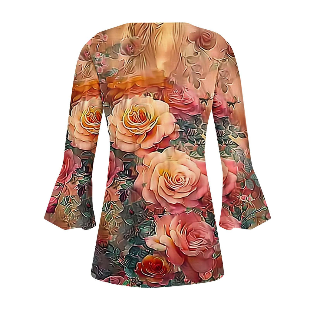 3/4 Length Sleeve Womens Tops Button down V Neck T Shirts Floral Summer Tunic Ladies Tops Elegant Dressy Casual Blouses Fashion Vacation Tee Shirts Ropa Mujer