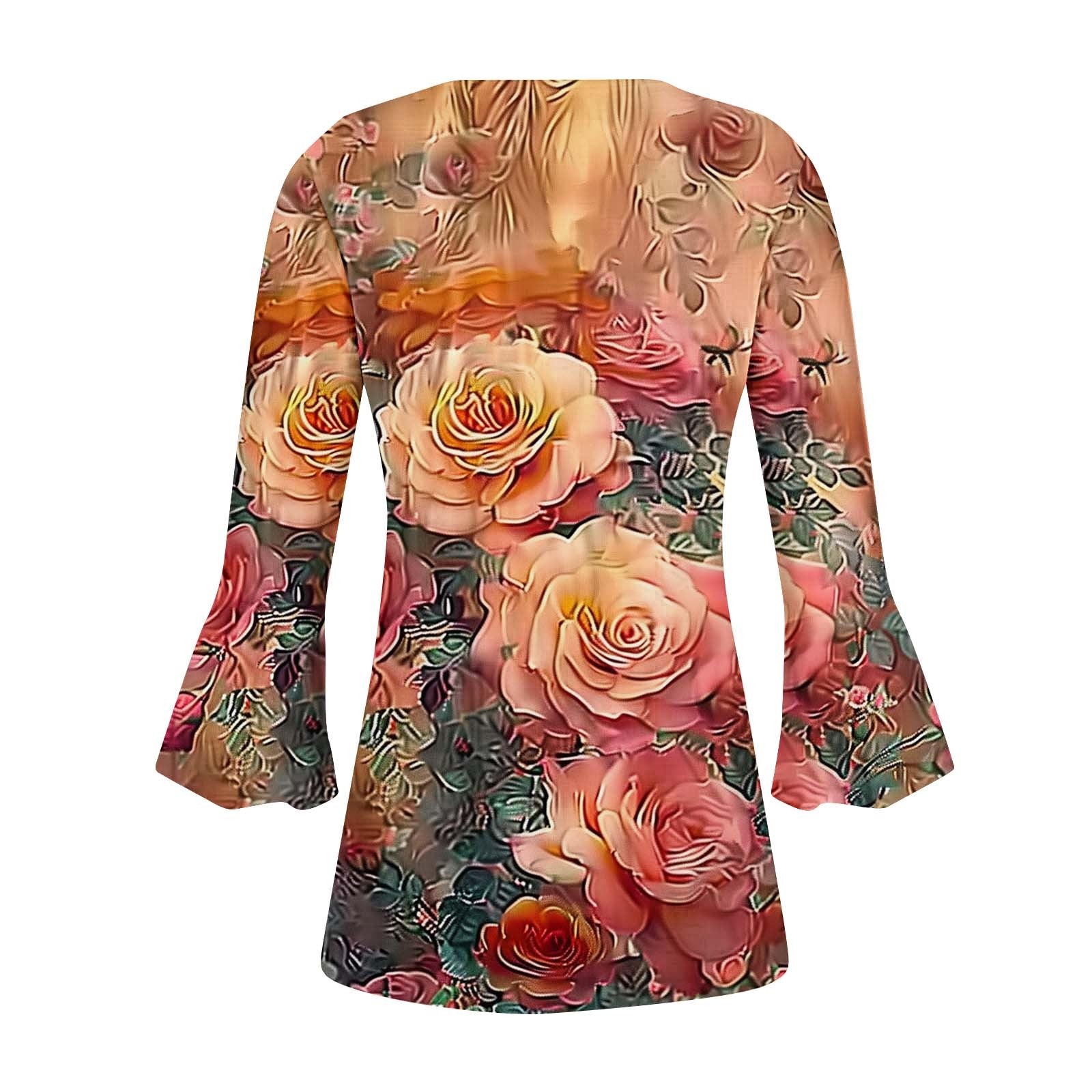 3/4 Length Sleeve Womens Tops Button down V Neck T Shirts Floral Summer Tunic Ladies Tops Elegant Dressy Casual Blouses Fashion Vacation Tee Shirts Ropa Mujer