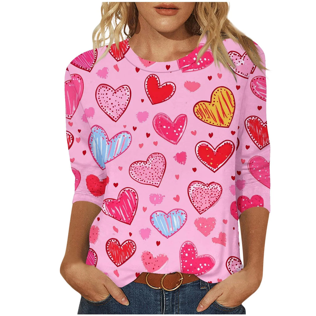 Womens Valentine T Shirt Romantic Three-Quarter Sleeve T-Shirts Casual round Neck Sweethearts Graphic Gift for Girlfriend Tops