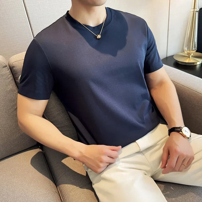 Mens T-Shirt Short Sleeved Summer Thin Ice Silk Pure Cotton Top round Neck T-Shirt Sports Fitness Running Casual Mens Clothing