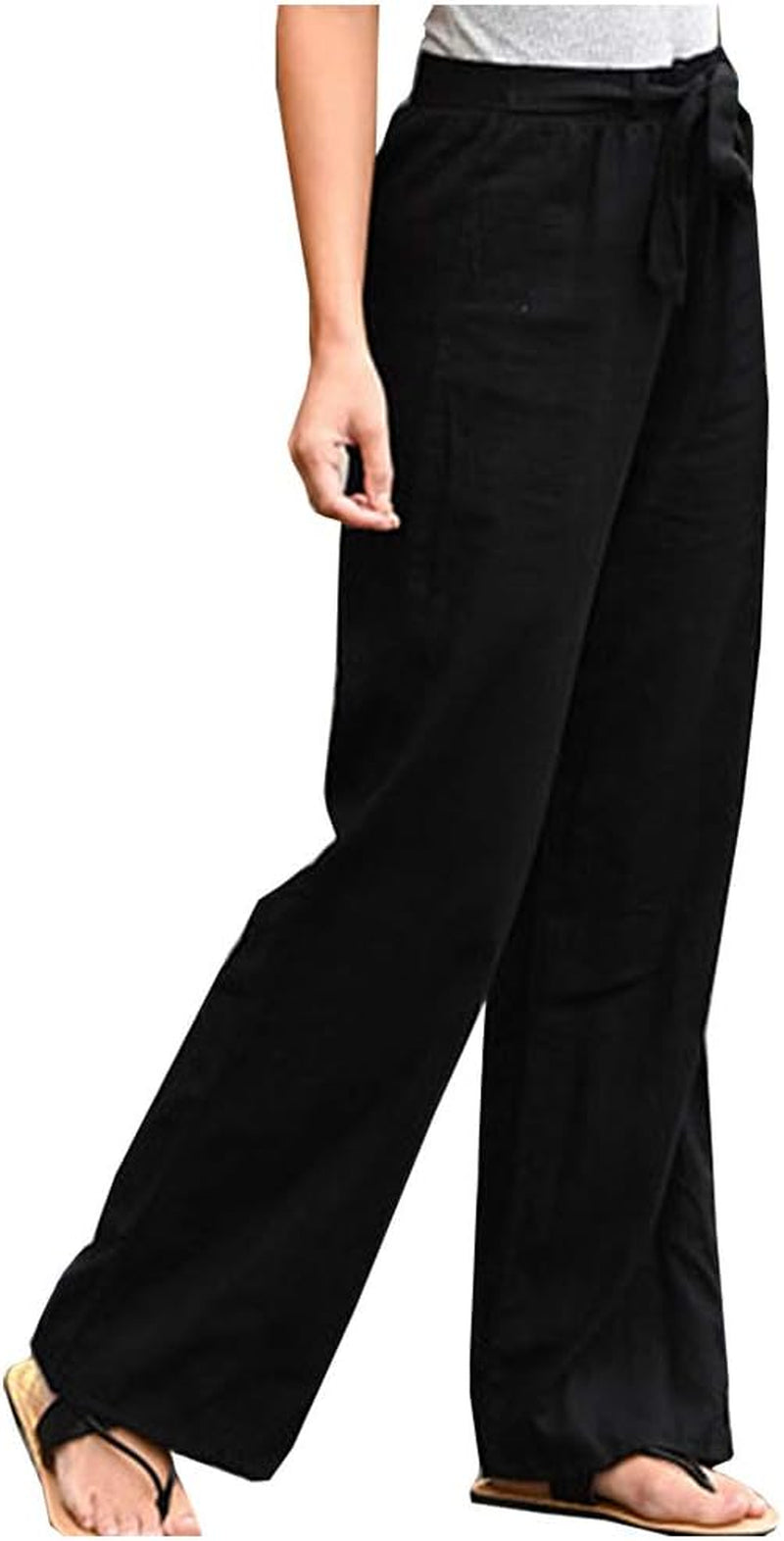 Women'S Cotton Linen Pants Elastic Waist Drawstring High Rise Casual Loose Trousers Pants Khaki