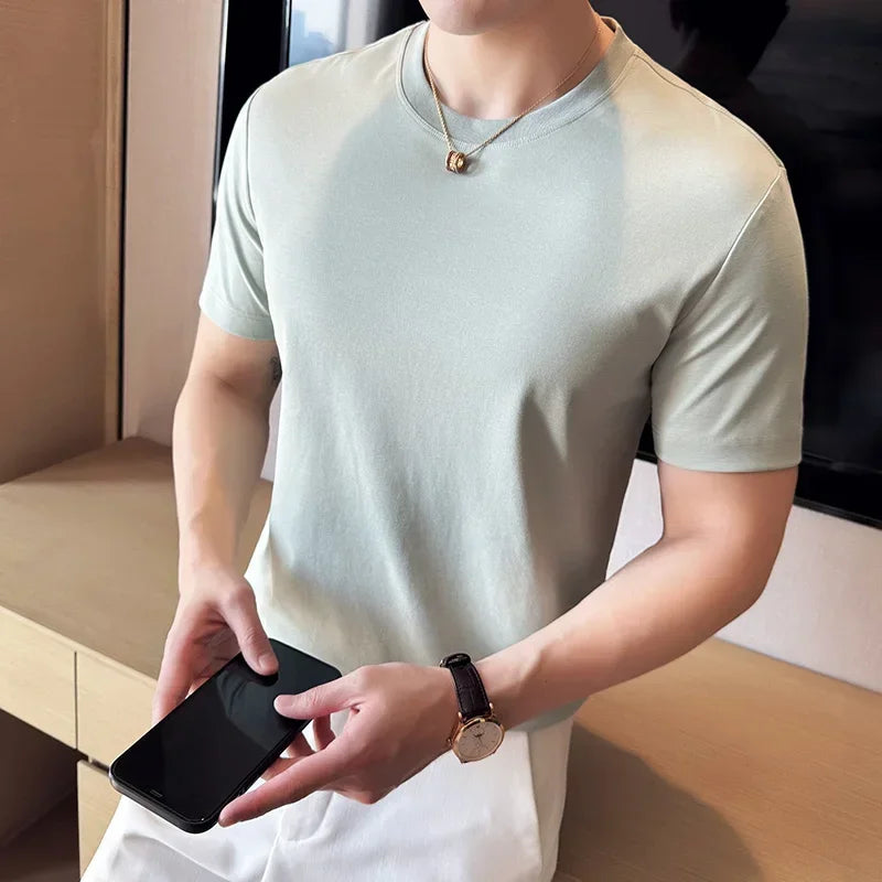 Mens T-Shirt Short Sleeved Summer Thin Ice Silk Pure Cotton Top round Neck T-Shirt Sports Fitness Running Casual Mens Clothing