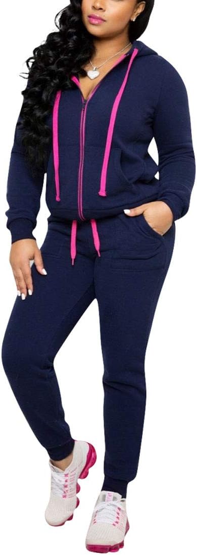 Women's 2 Piece Jogging Suit  Zip Hoodie Tracksuit Set (Dark Blue)