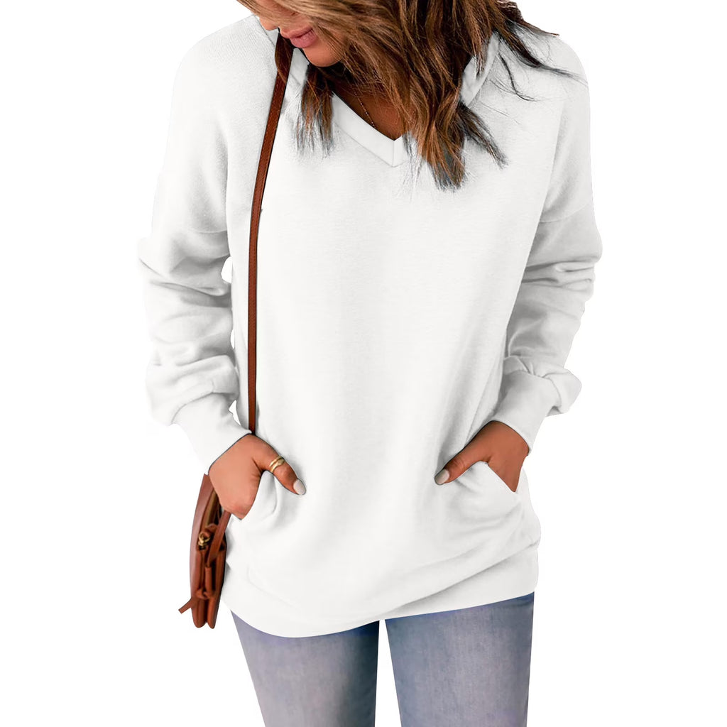 Womens V Neck Sweatshirt Long Sleeve Solid Casual Loose Fit Tops Blouses with Pockets Soft Comfy Pullover Tops Shirts