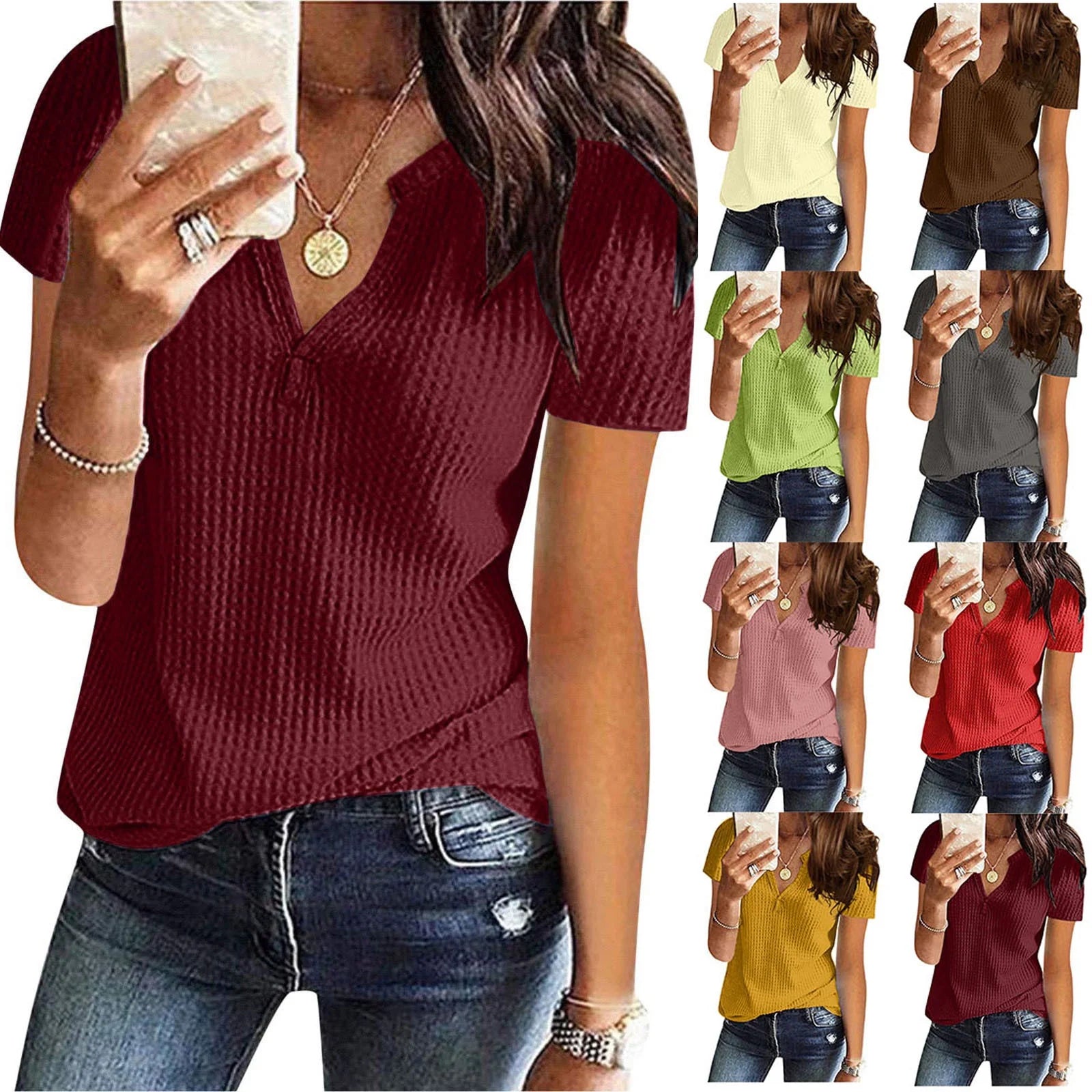 Waffle Knit Short Sleeve Tops for Women Summer V Neck Henley Shirts plus Size Lightweight Solid Color Tunic Blouses Vacation Sale,Green,Xxxl