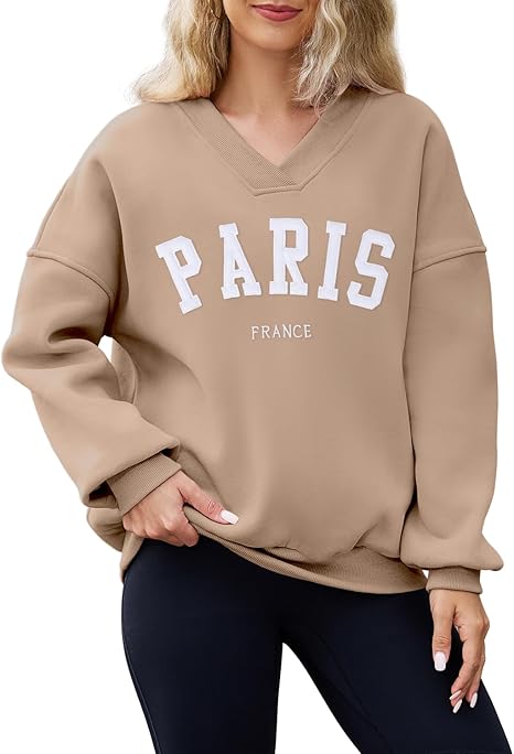Women's Oversized V-Neck Sweatshirt  Fleece Pullover Hoodie Top