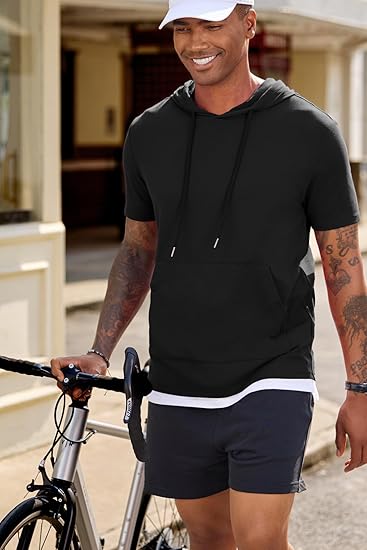 Mens Short Sleeve Hoodie Casual Workout T-Shirt with Pocket