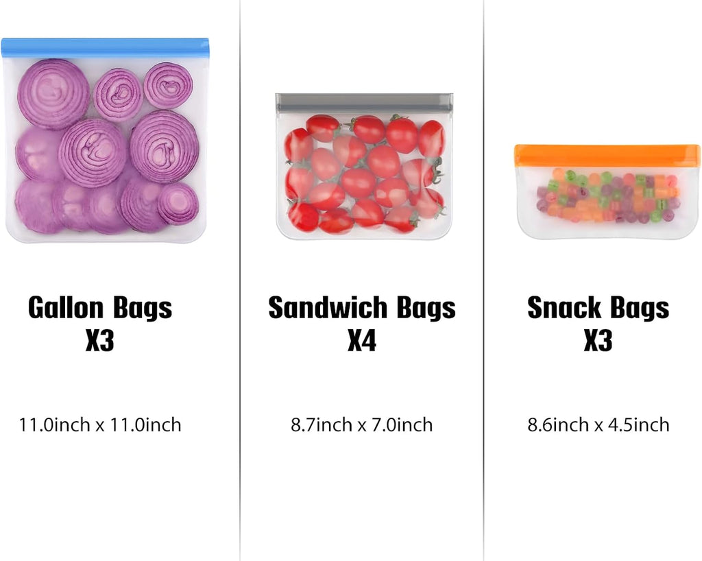 Reusable Food Storage Bags Leakproof Dishwasher Safe Set of 10