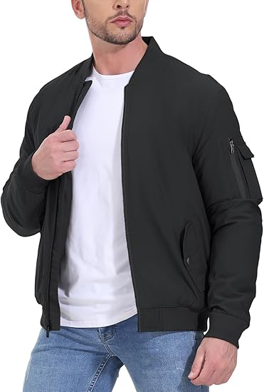 Mens Windproof Bomber Jacket  Water Resistant Quilted Winter Coat