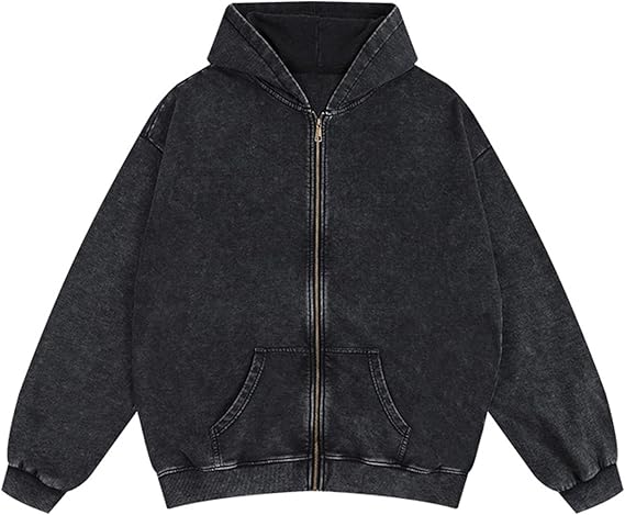 Acid Wash Zip Up Hoodie Oversized Vintage Streetwear