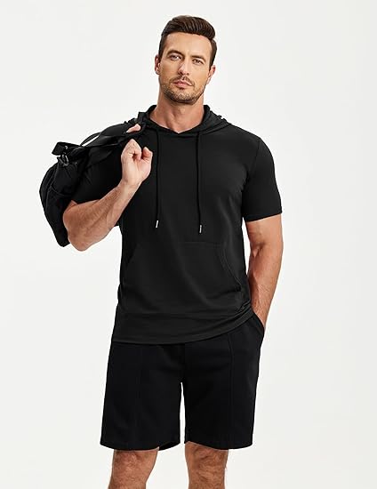 Mens Short Sleeve Hoodie Casual Workout T-Shirt with Pocket