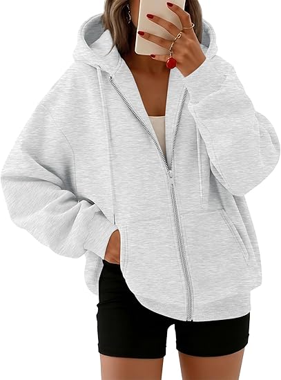 Womens Oversized Zip Up Hoodie  Fleece Casual Jacket with Pockets