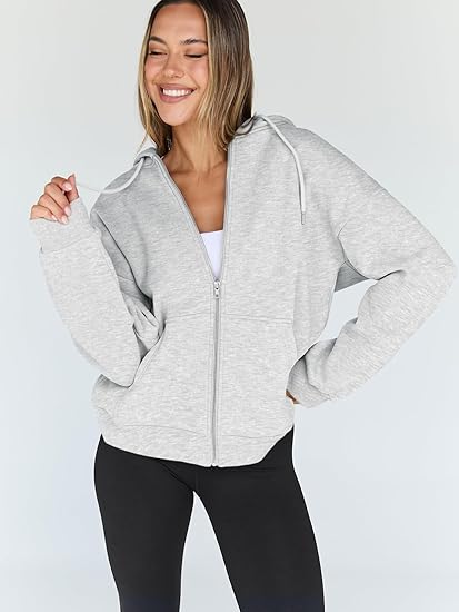 Womens Oversized Zip Up Hoodie  Fleece Casual Jacket with Pockets