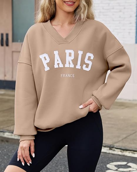 Women's Oversized V-Neck Sweatshirt  Fleece Pullover Hoodie Top