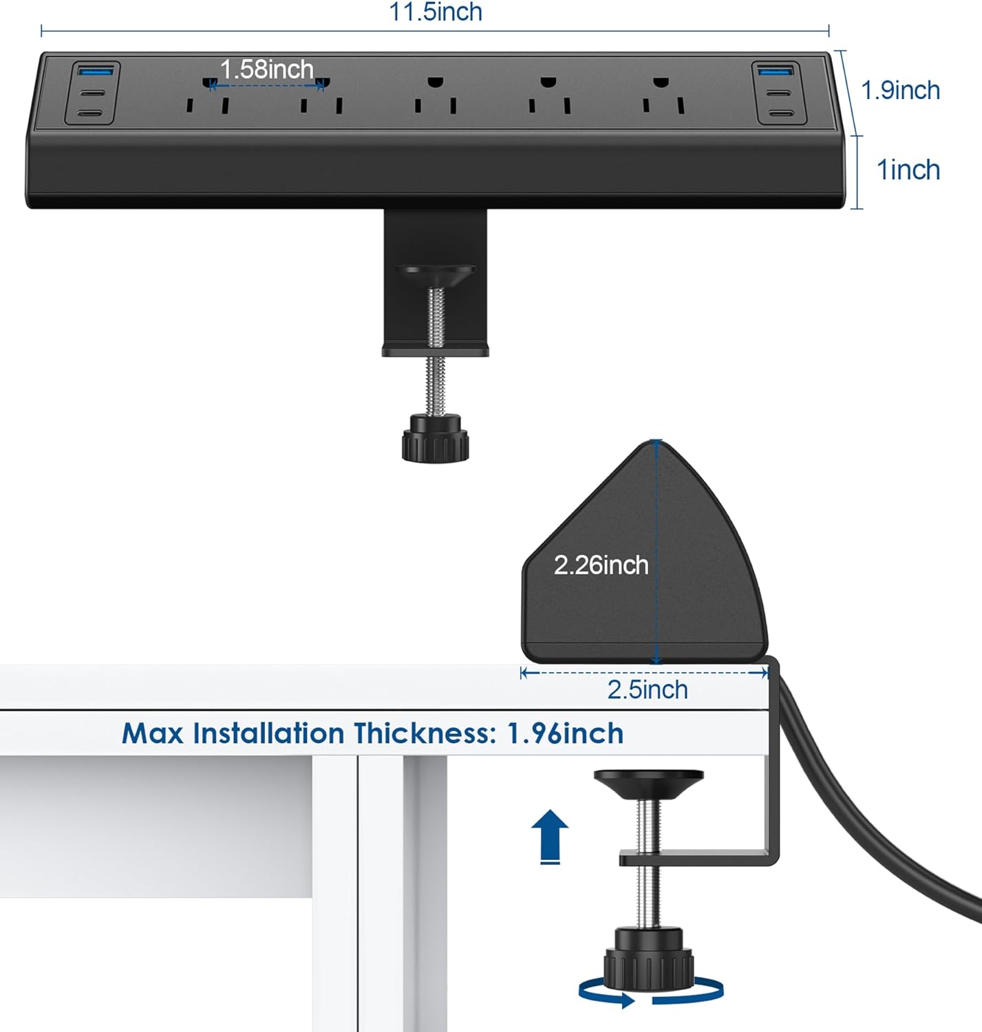 Desk Clamp Power Strip with USB C Ports