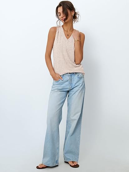 Womens V-Neck Tank Top  Sleeveless Loose Fit Casual Summer Tee