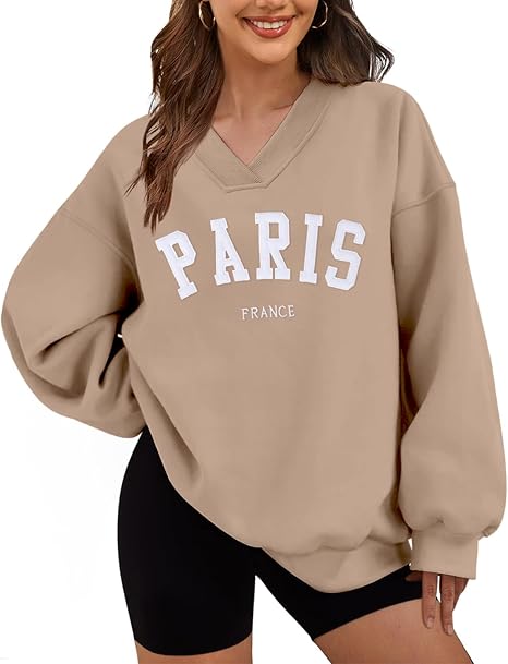 Women's Oversized V-Neck Sweatshirt  Fleece Pullover Hoodie Top