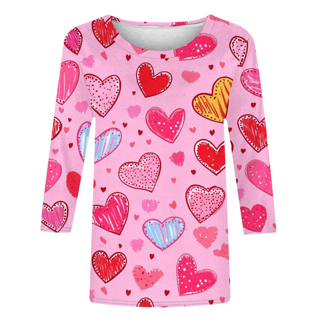 Womens Valentine T Shirt Romantic Three-Quarter Sleeve T-Shirts Casual round Neck Sweethearts Graphic Gift for Girlfriend Tops