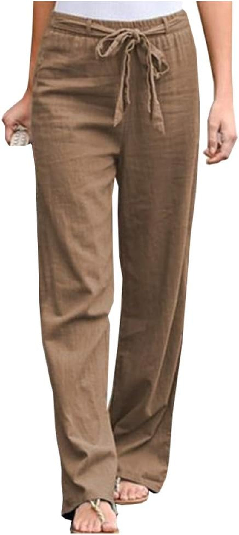 Women'S Cotton Linen Pants Elastic Waist Drawstring High Rise Casual Loose Trousers Pants Khaki