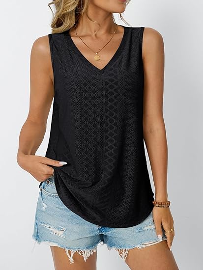 Womens Eyelet Tank Top  V Neck Sleeveless Loose Fit Summer Shirt