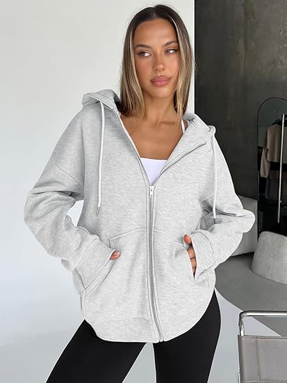 Womens Oversized Zip Up Hoodie  Fleece Casual Jacket with Pockets
