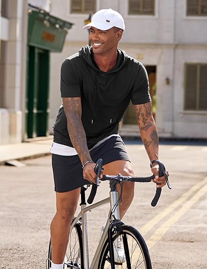 Mens Short Sleeve Hoodie Casual Workout T-Shirt with Pocket