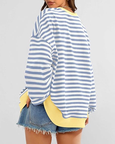 Women's Oversized Striped Sweatshirt  Crewneck Pullover Top