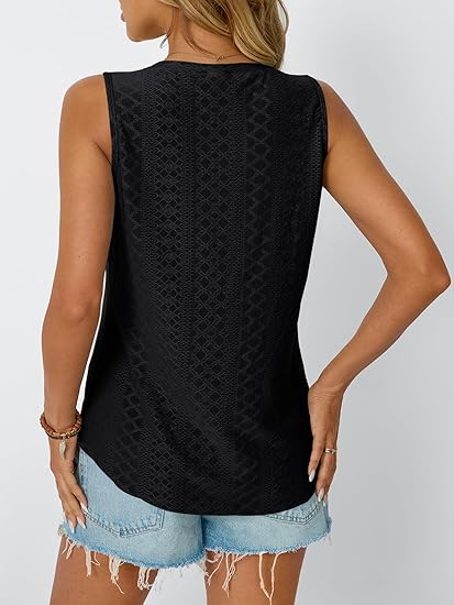 Womens Eyelet Tank Top  V Neck Sleeveless Loose Fit Summer Shirt