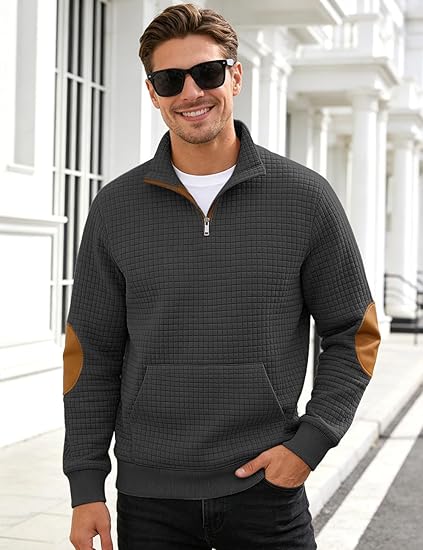 Mens Quarter Zip Waffle Sweatshirt Stand Collar Long Sleeve Pullover