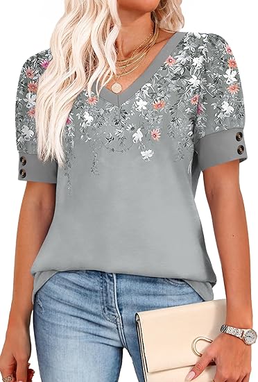 Womens Floral V-Neck Blouse  Loose Fit Dressy Casual Work Top