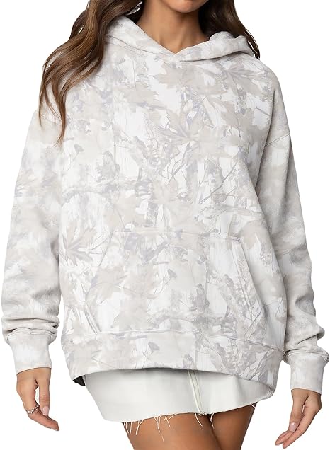 Women's Oversized Camo Hoodie Maple Leaf Fleece Pullover Top