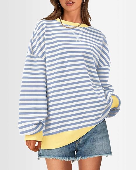 Women's Oversized Striped Sweatshirt  Crewneck Pullover Top