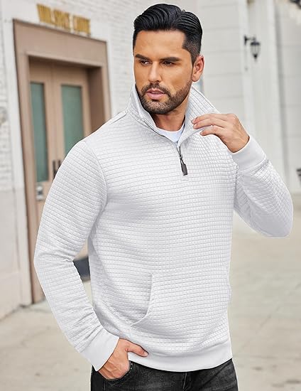 Mens Quarter Zip Waffle Knit Sweatshirt Long Sleeve Casual Pullover
