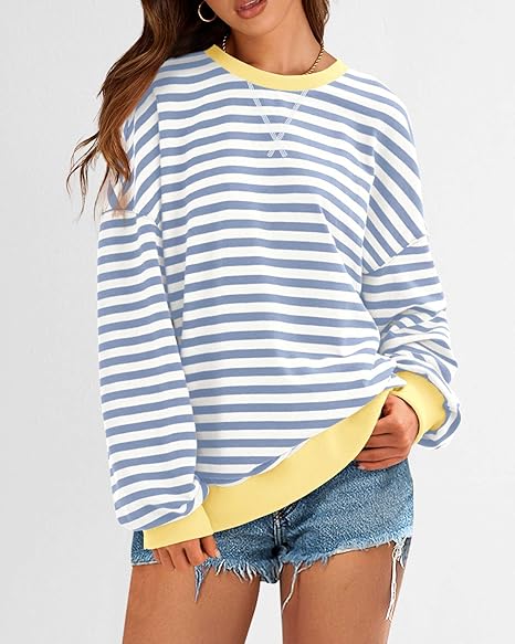Women's Oversized Striped Sweatshirt  Crewneck Pullover Top