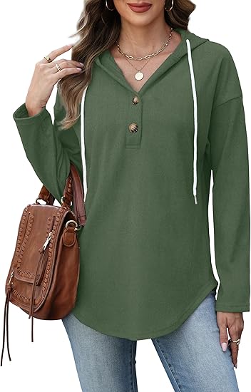 Women's V-Neck Hoodie Tunic  Long Sleeve Casual Pullover Top