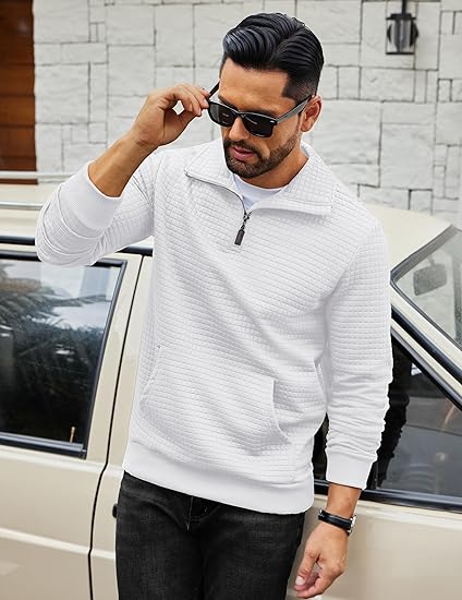 Mens Quarter Zip Waffle Knit Sweatshirt Long Sleeve Casual Pullover