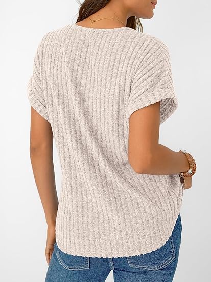 Womens V-Neck Blouse  Casual Dressy Short Sleeve Tunic Top