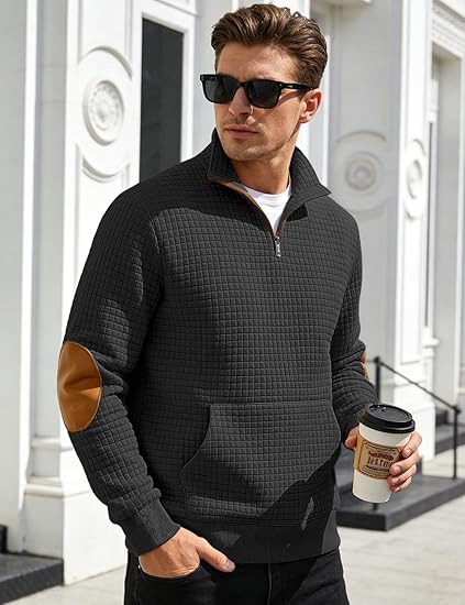 Mens Quarter Zip Waffle Sweatshirt Stand Collar Long Sleeve Pullover