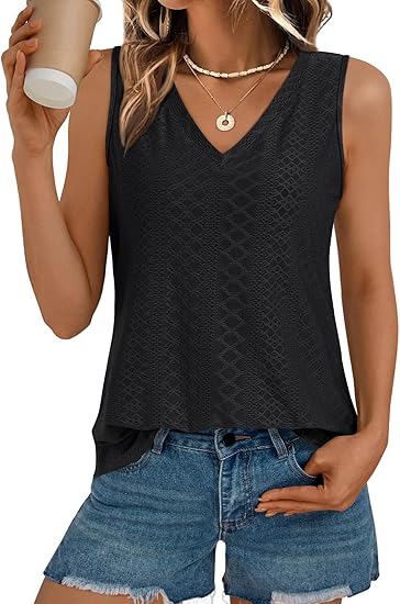 Womens Eyelet Tank Top  V Neck Sleeveless Loose Fit Summer Shirt