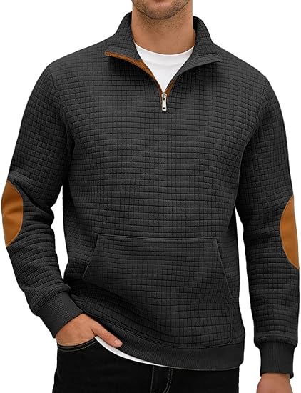Mens Quarter Zip Waffle Sweatshirt Stand Collar Long Sleeve Pullover