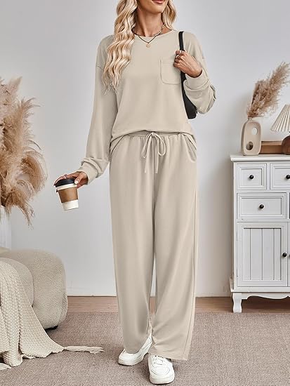 Women's 2 Piece Sweatsuit Set  Soft Lounge Tracksuit with Pockets (Khaki)