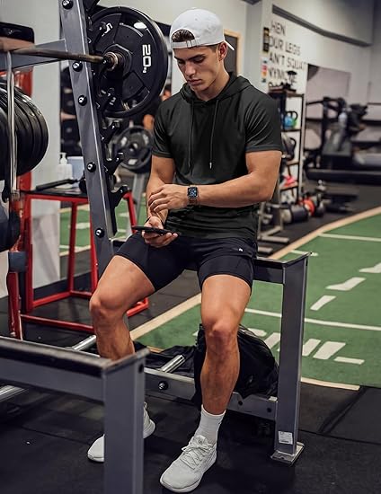 Mens Short Sleeve Hoodie Casual Workout T-Shirt with Pocket