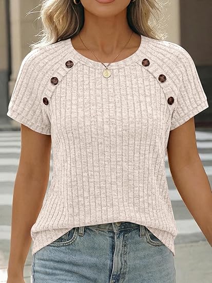 Womens Crew Neck Blouse  Casual Short Sleeve Work Top