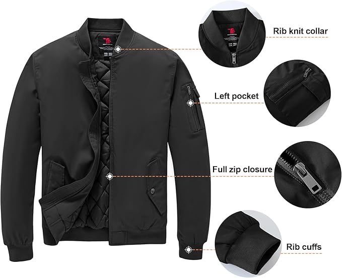 Mens Windproof Bomber Jacket  Water Resistant Quilted Winter Coat