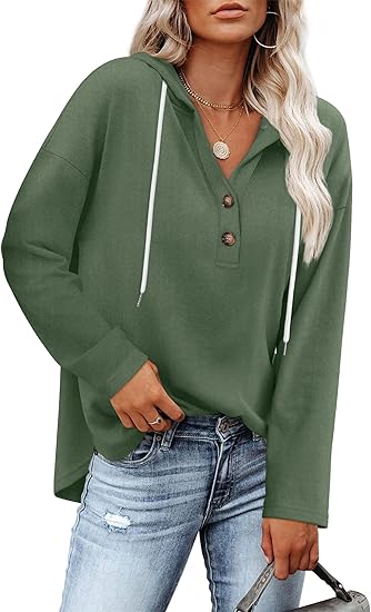 Women's V-Neck Hoodie Tunic  Long Sleeve Casual Pullover Top