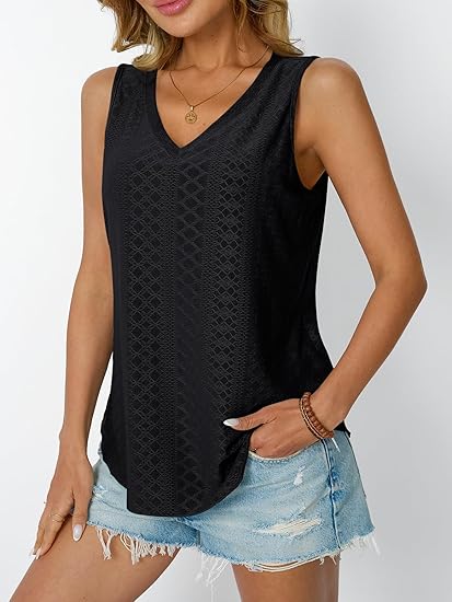 Womens Eyelet Tank Top  V Neck Sleeveless Loose Fit Summer Shirt