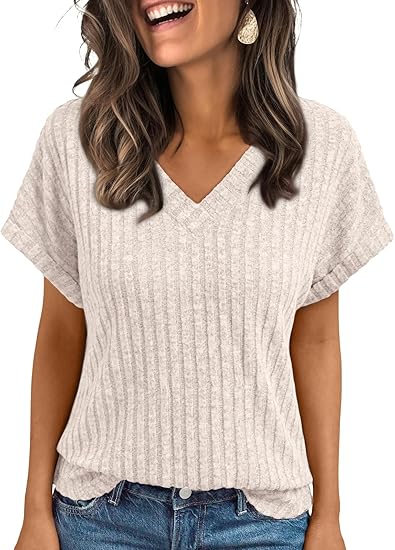 Womens V-Neck Blouse  Casual Dressy Short Sleeve Tunic Top