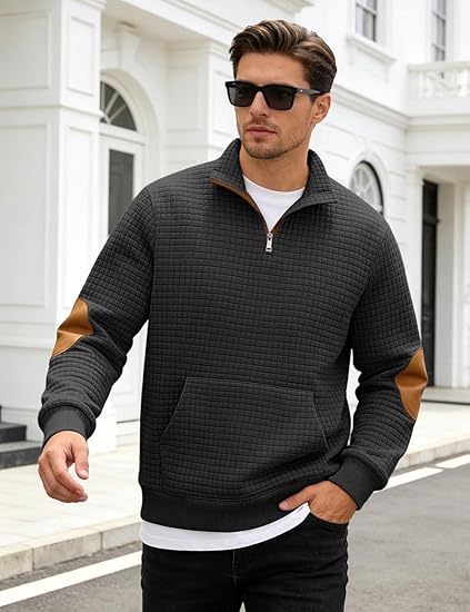 Mens Quarter Zip Waffle Sweatshirt Stand Collar Long Sleeve Pullover